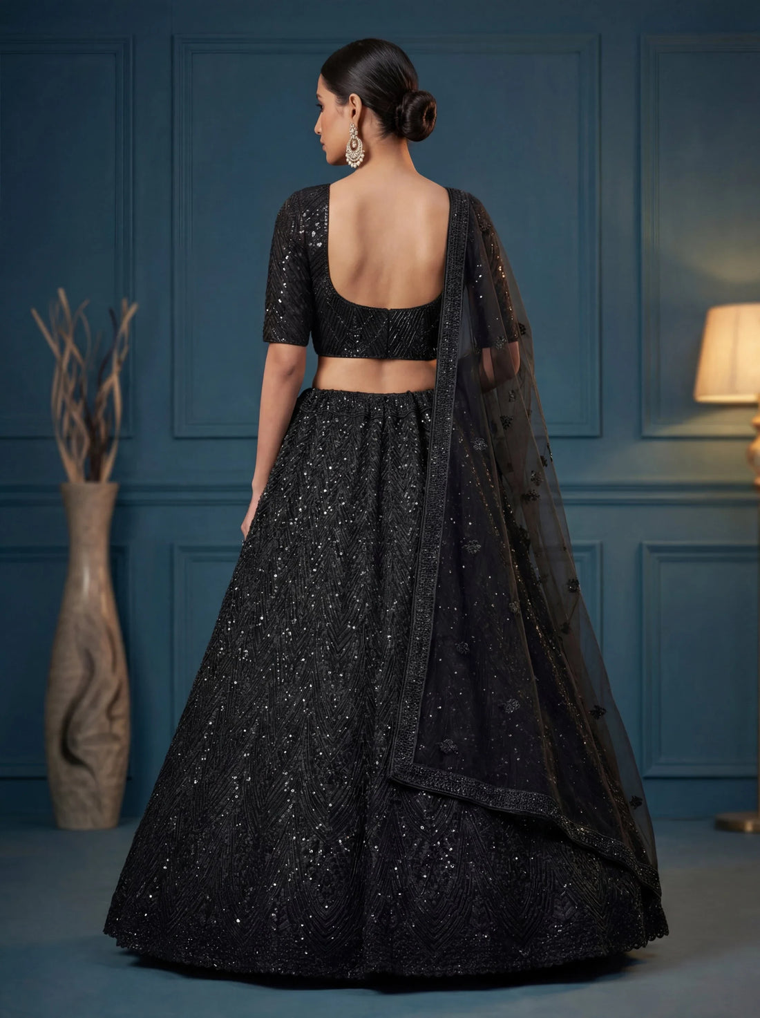 Monochrome Black Dori Embroidered Net Cocktail Wear Lehenga Choli
