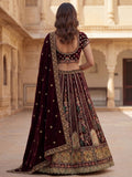 Breathtaking Wine Patch Work Velvet Bridal Lehenga Choli With Double Dupatta