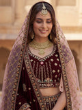 Breathtaking Wine Patch Work Velvet Bridal Lehenga Choli With Double Dupatta
