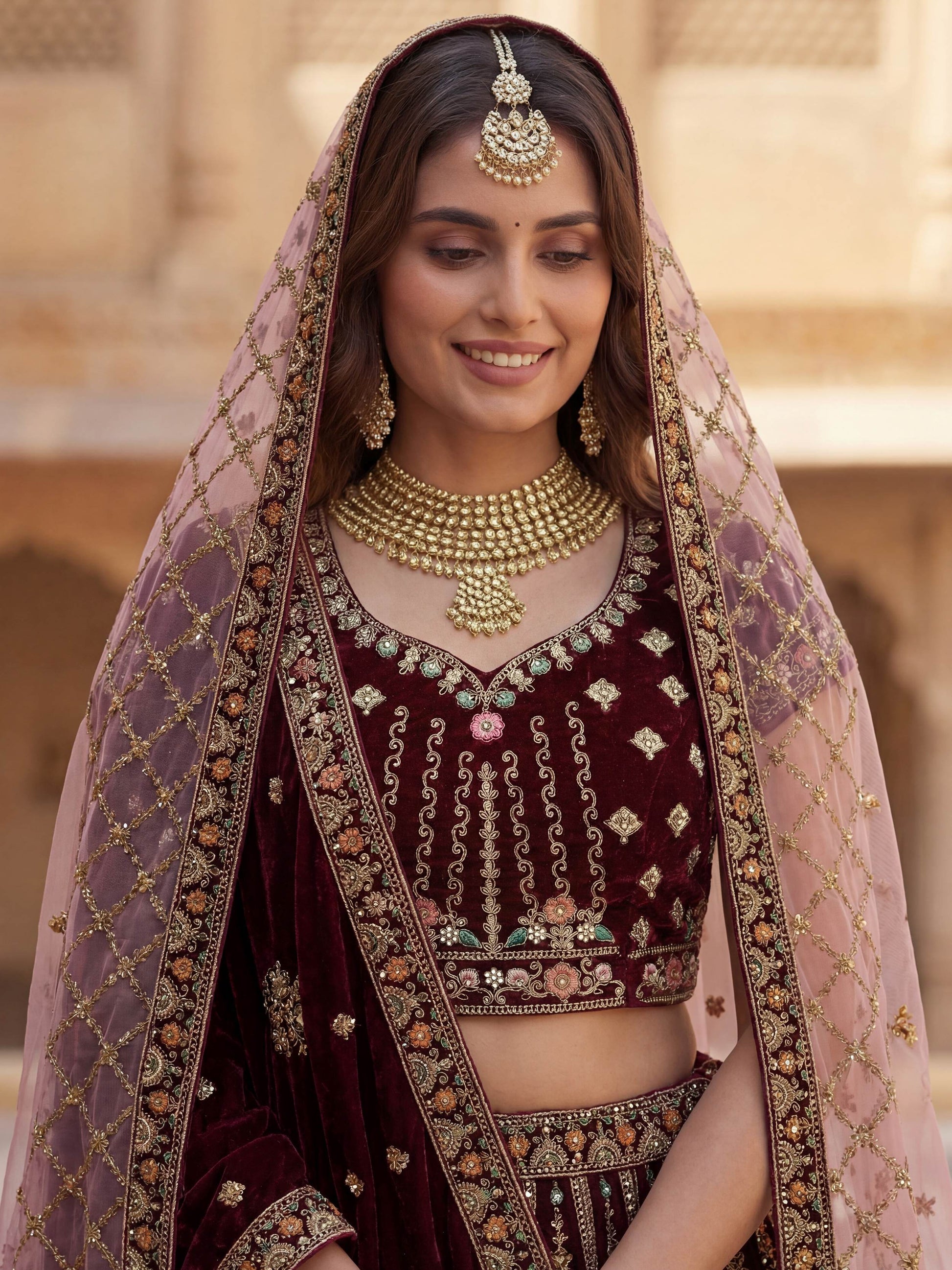 Breathtaking Wine Patch Work Velvet Bridal Lehenga Choli With Double Dupatta