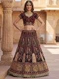Breathtaking Wine Patch Work Velvet Bridal Lehenga Choli With Double Dupatta