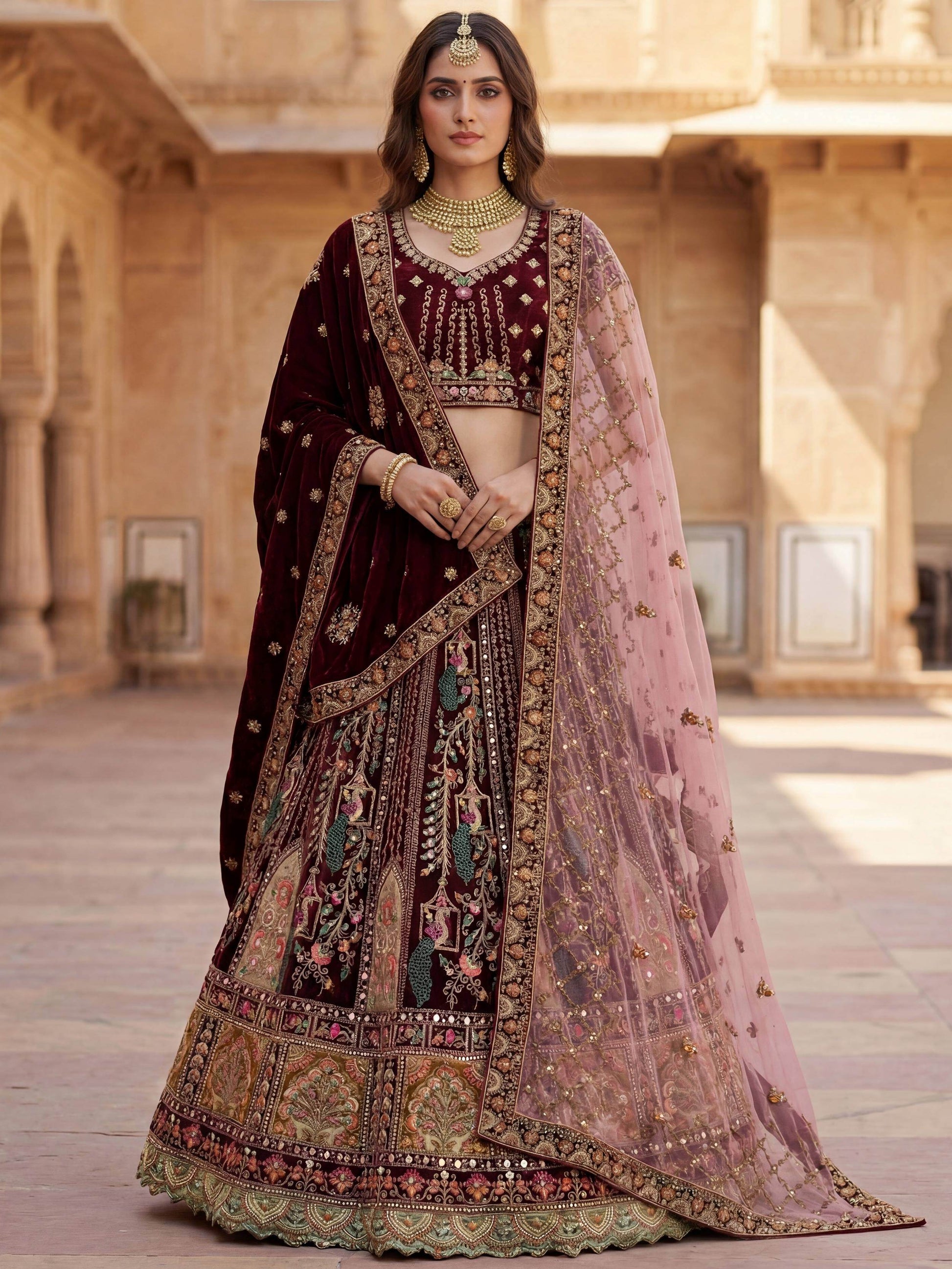 Breathtaking Wine Patch Work Velvet Bridal Lehenga Choli With Double Dupatta
