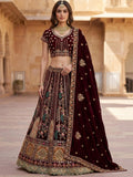Breathtaking Wine Patch Work Velvet Bridal Lehenga Choli With Double Dupatta