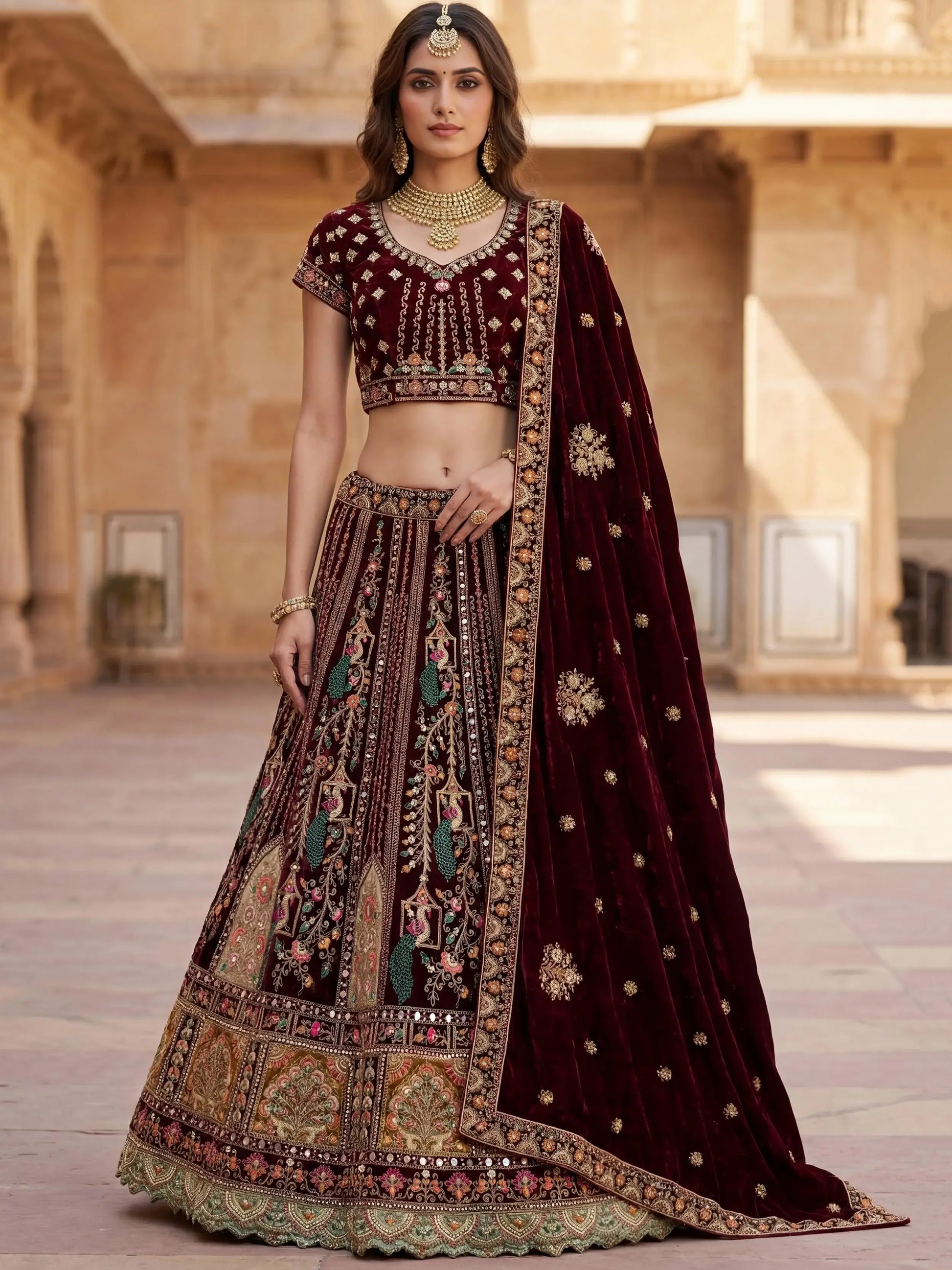 Breathtaking Wine Patch Work Velvet Bridal Lehenga Choli With Double Dupatta