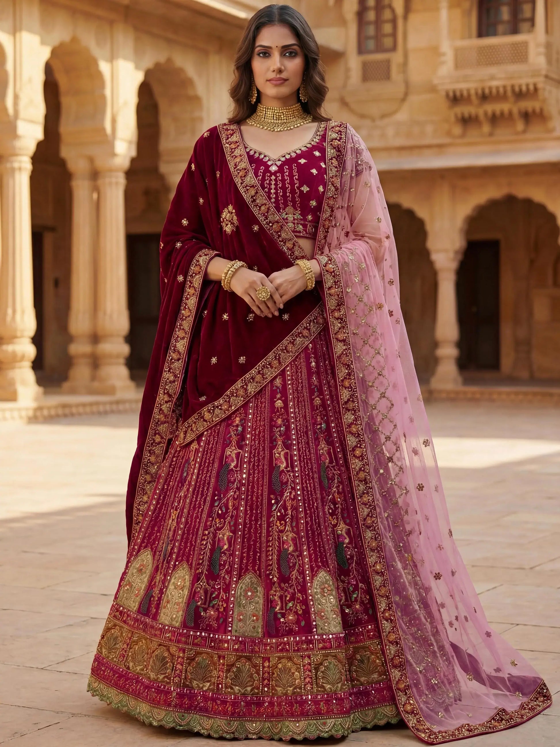 Notable Maroon Multi Thread Work Velvet Bridal Lehenga Choli With Double Dupatta