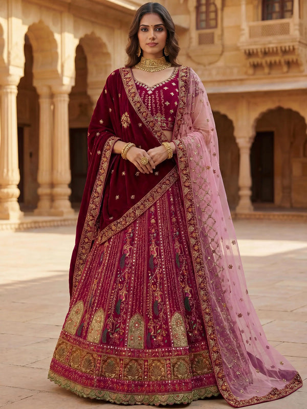 Notable Maroon Multi Thread Work Velvet Bridal Lehenga Choli With Double Dupatta