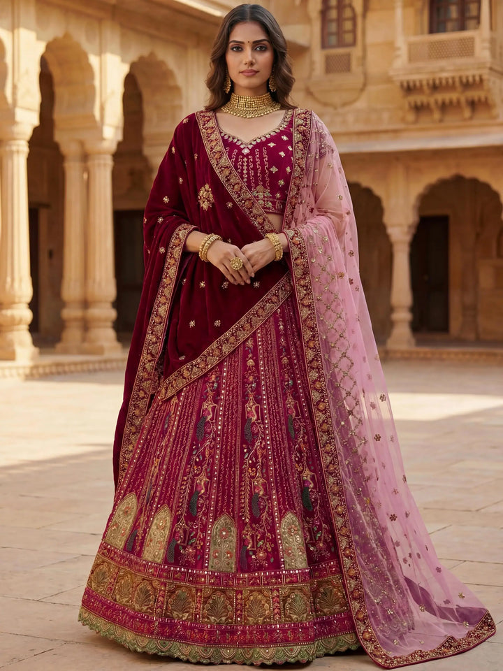 Notable Maroon Multi Thread Work Velvet Bridal Lehenga Choli With Double Dupatta