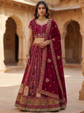 Notable Maroon Multi Thread Work Velvet Bridal Lehenga Choli With Double Dupatta