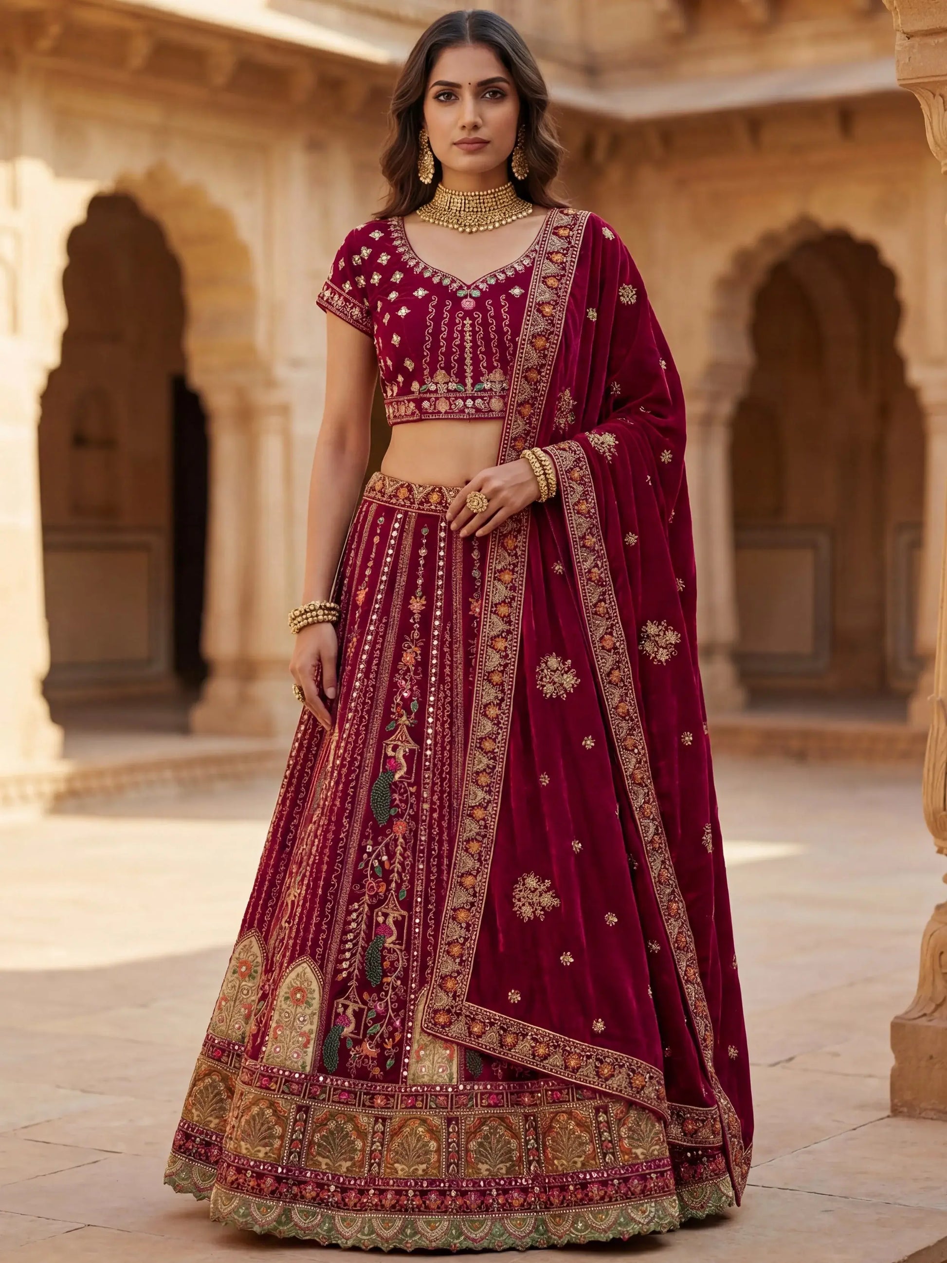 Notable Maroon Multi Thread Work Velvet Bridal Lehenga Choli With Double Dupatta