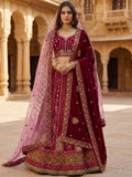 Notable Maroon Multi Thread Work Velvet Bridal Lehenga Choli With Double Dupatta