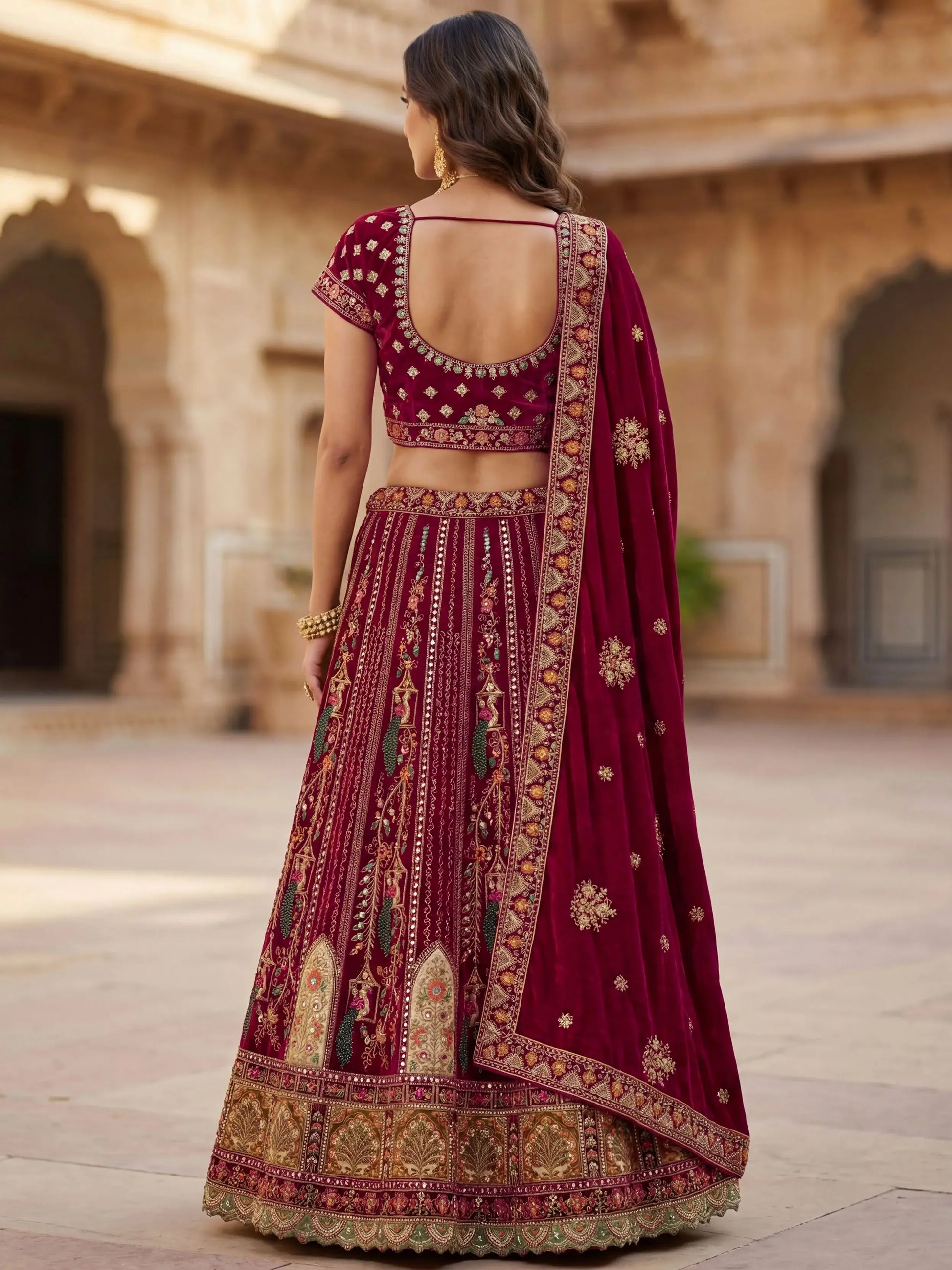 Notable Maroon Multi Thread Work Velvet Bridal Lehenga Choli With Double Dupatta