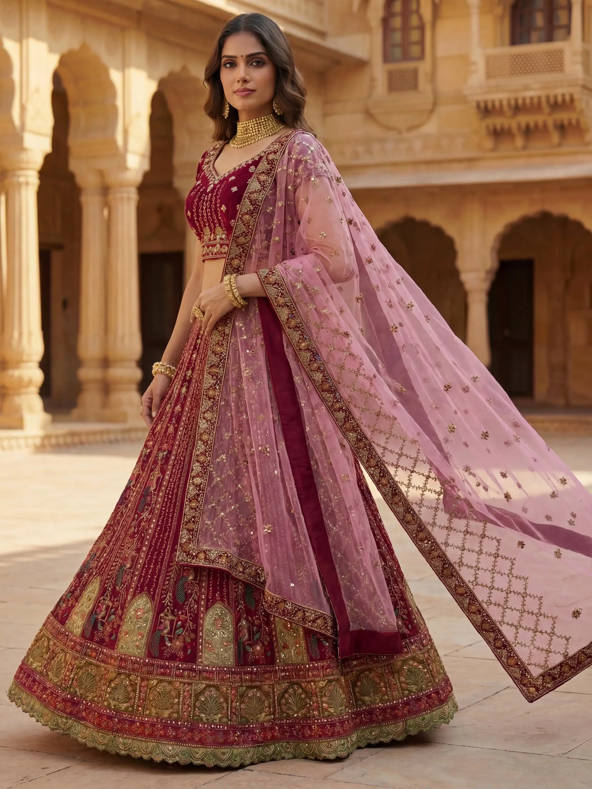 Notable Maroon Multi Thread Work Velvet Bridal Lehenga Choli With Double Dupatta