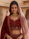 Classy Red Dori Embroidery Velvet Bridal Lehenga Choli With Double Dupatta
