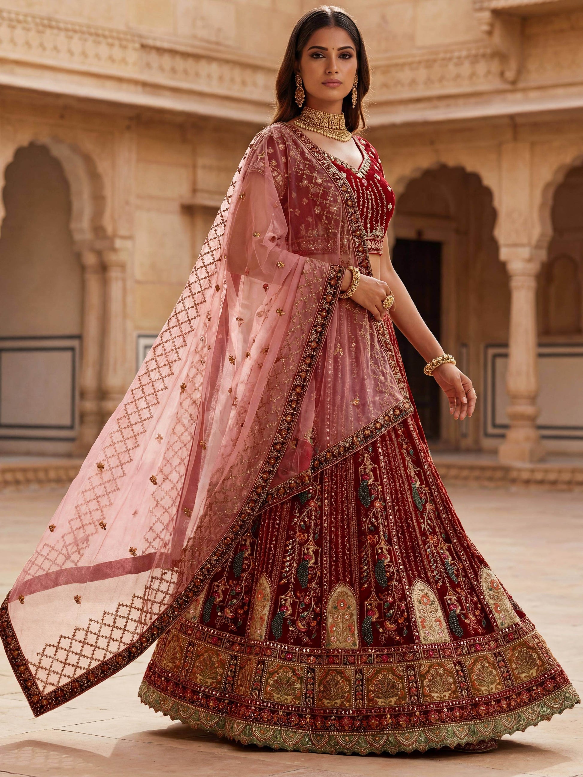 Classy Red Dori Embroidery Velvet Bridal Lehenga Choli With Double Dupatta