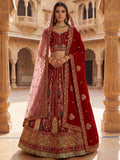 Classy Red Dori Embroidery Velvet Bridal Lehenga Choli With Double Dupatta