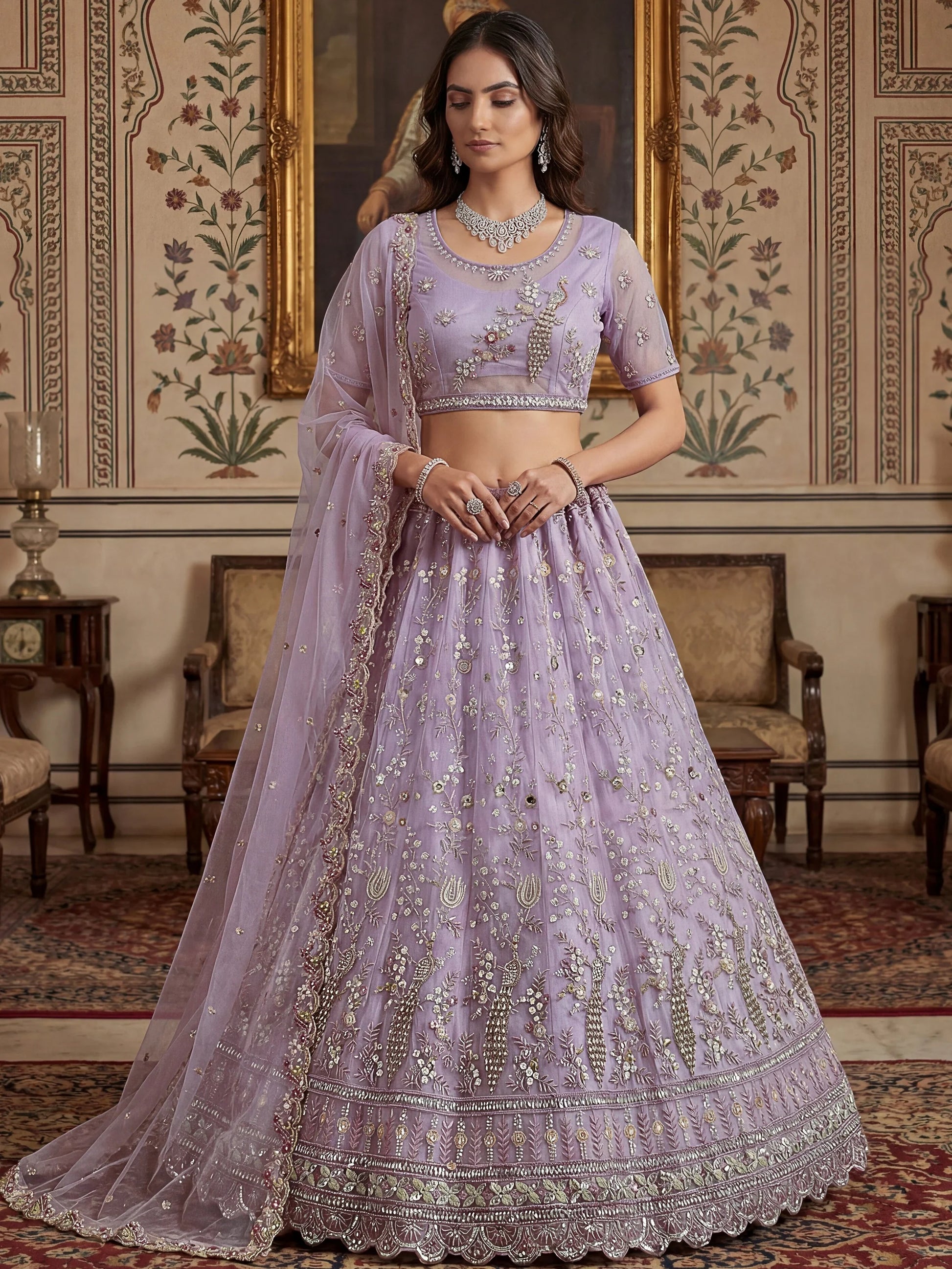 Marvelous Lavender Thread Embroidery Net Wedding Wear Lehenga Choli