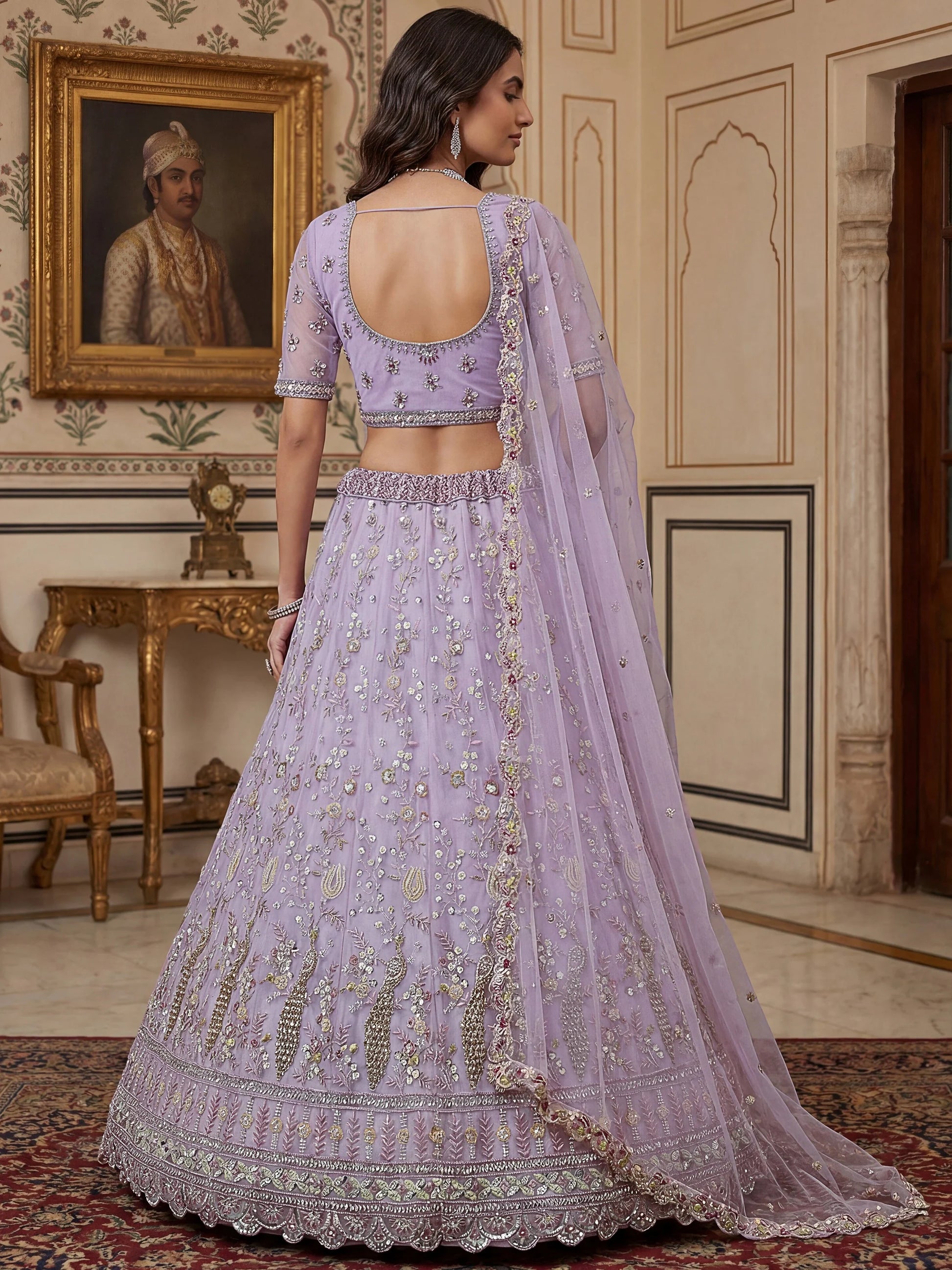 Marvelous Lavender Thread Embroidery Net Wedding Wear Lehenga Choli