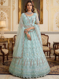 Beautiful Sky Blue Thread Embroidery Net Bridesmaids Lehenga Choli
