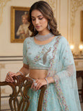 Beautiful Sky Blue Beads Work Net Party Wear Lehenga Choli With Dupatta