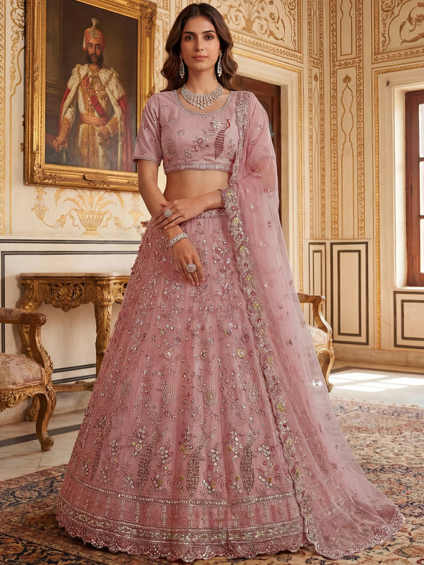 Charming Pink Beads Work Net Engagement Wear Lehenga Choli