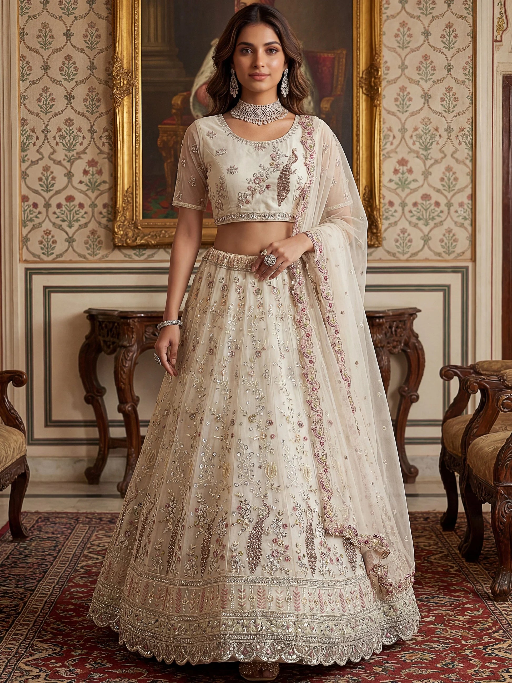 Stunning Off White Sequins Work Net Reception Wear Lehenga Choli