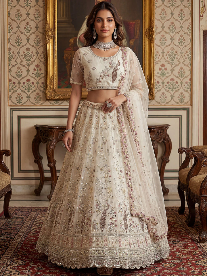 Stunning Off White Sequins Work Net Reception Wear Lehenga Choli