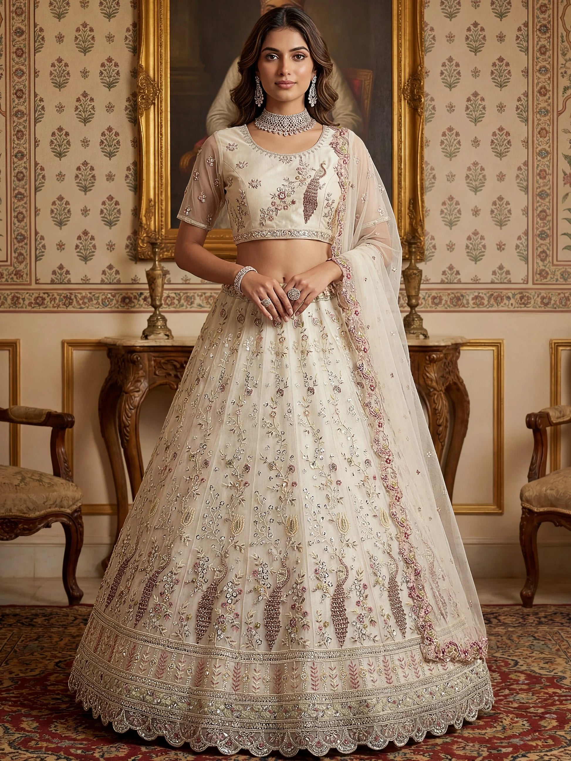 Stunning Off White Sequins Work Net Reception Wear Lehenga Choli