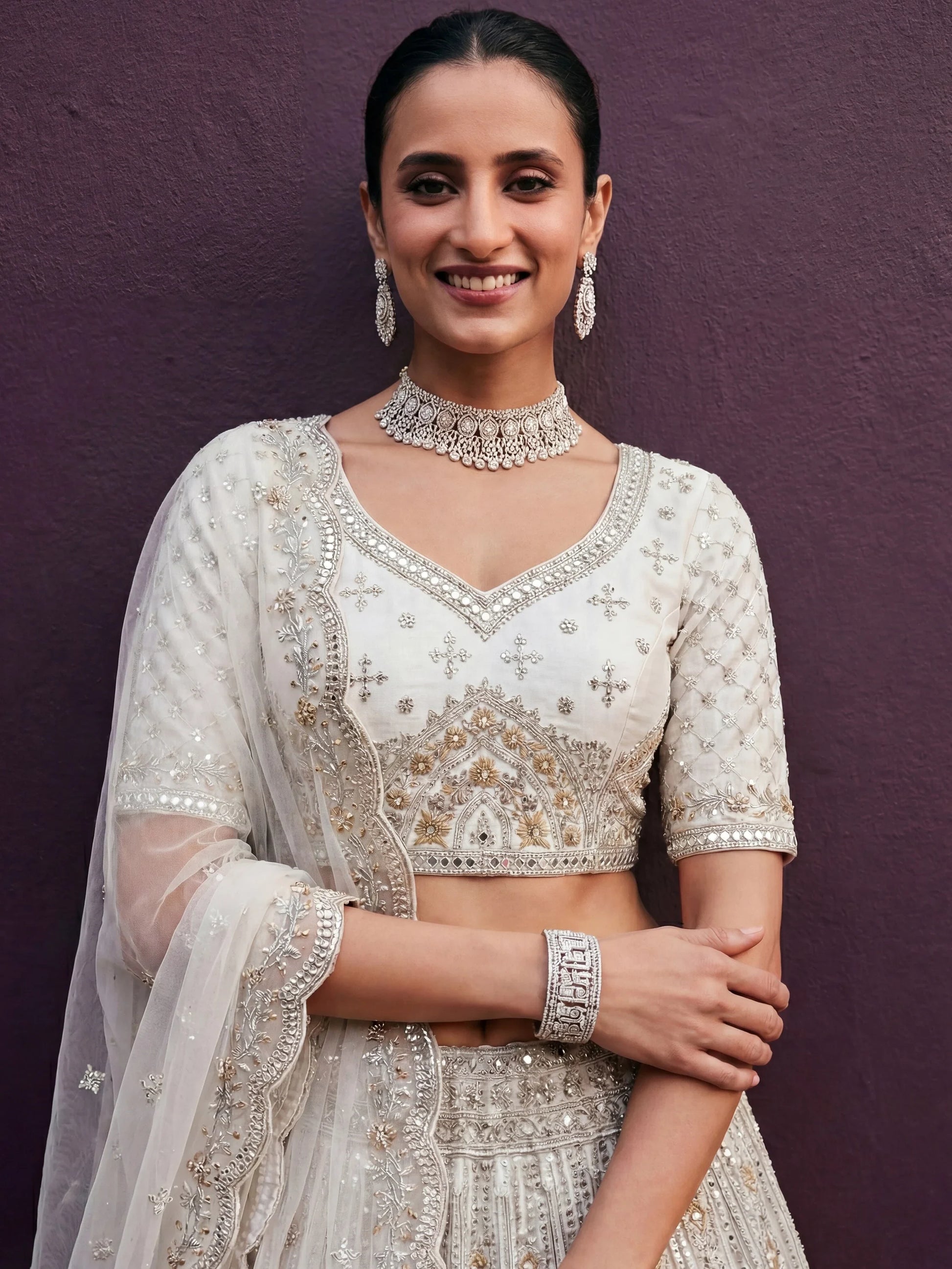 Exceptional Off-White Dori Embroidery Net Bridesmaid Lehenga Choli With Dupatta