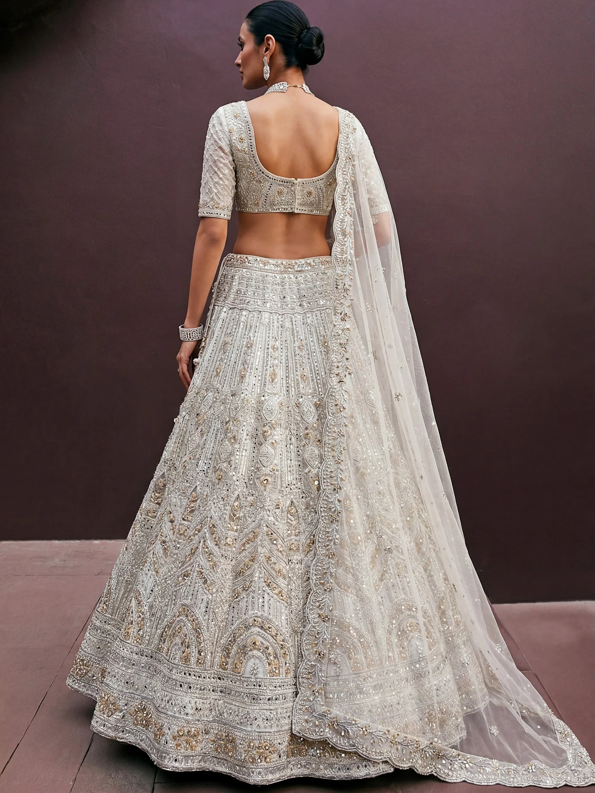 Exceptional Off-White Dori Embroidery Net Bridesmaid Lehenga Choli With Dupatta