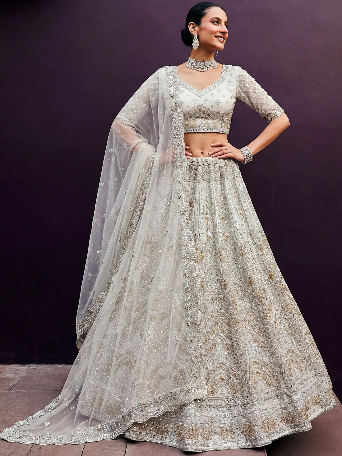 Exceptional Off-White Dori Embroidery Net Bridesmaid Lehenga Choli With Dupatta
