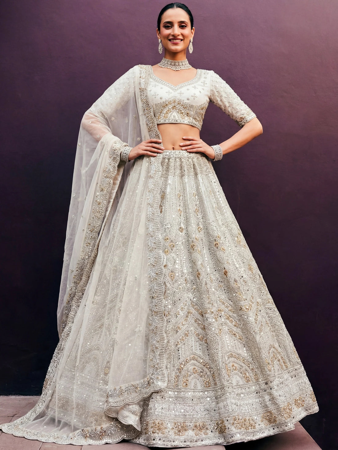 Exceptional Off-White Dori Embroidery Net Bridesmaid Lehenga Choli With Dupatta