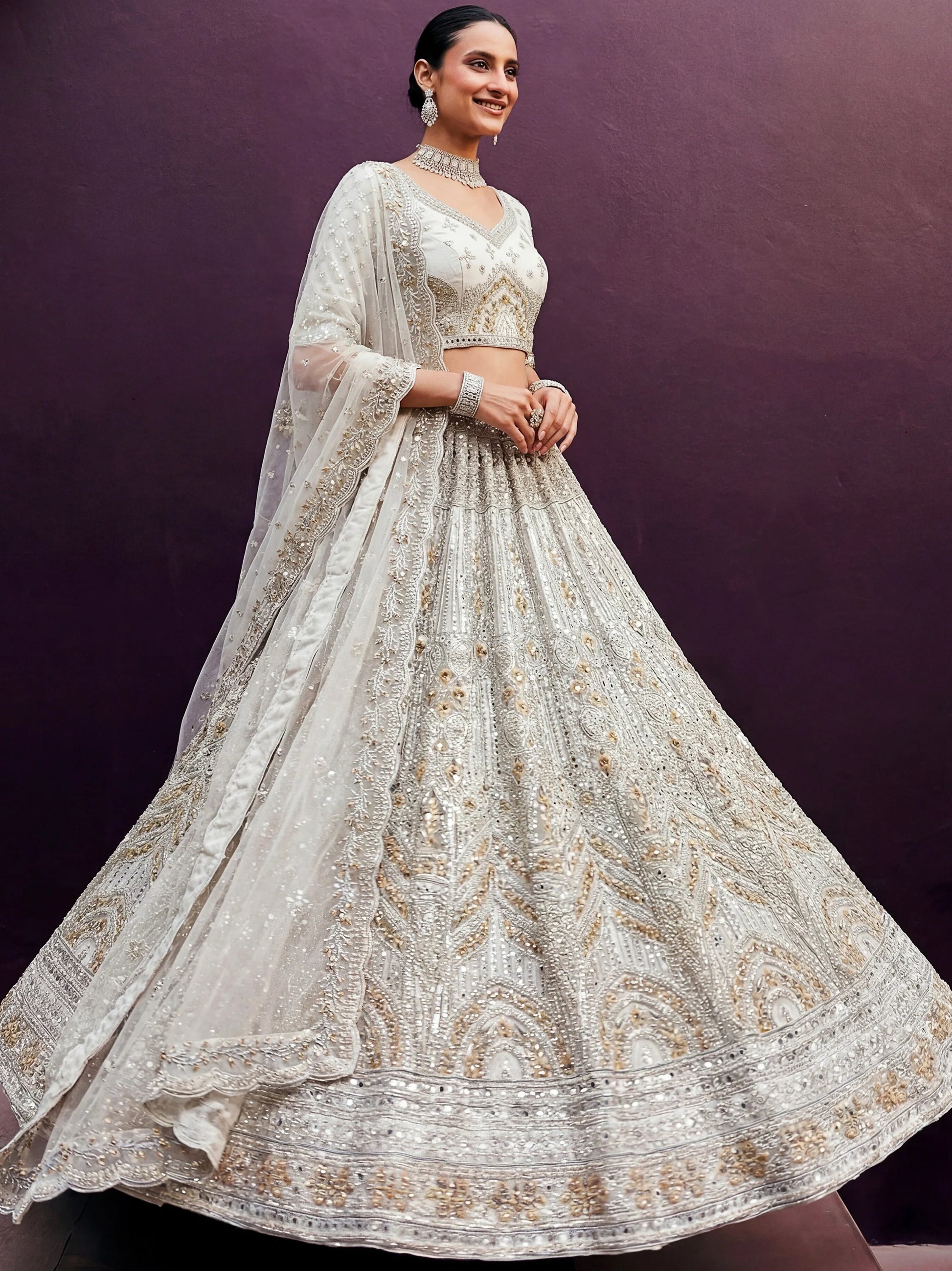 Exceptional Off-White Dori Embroidery Net Bridesmaid Lehenga Choli With Dupatta
