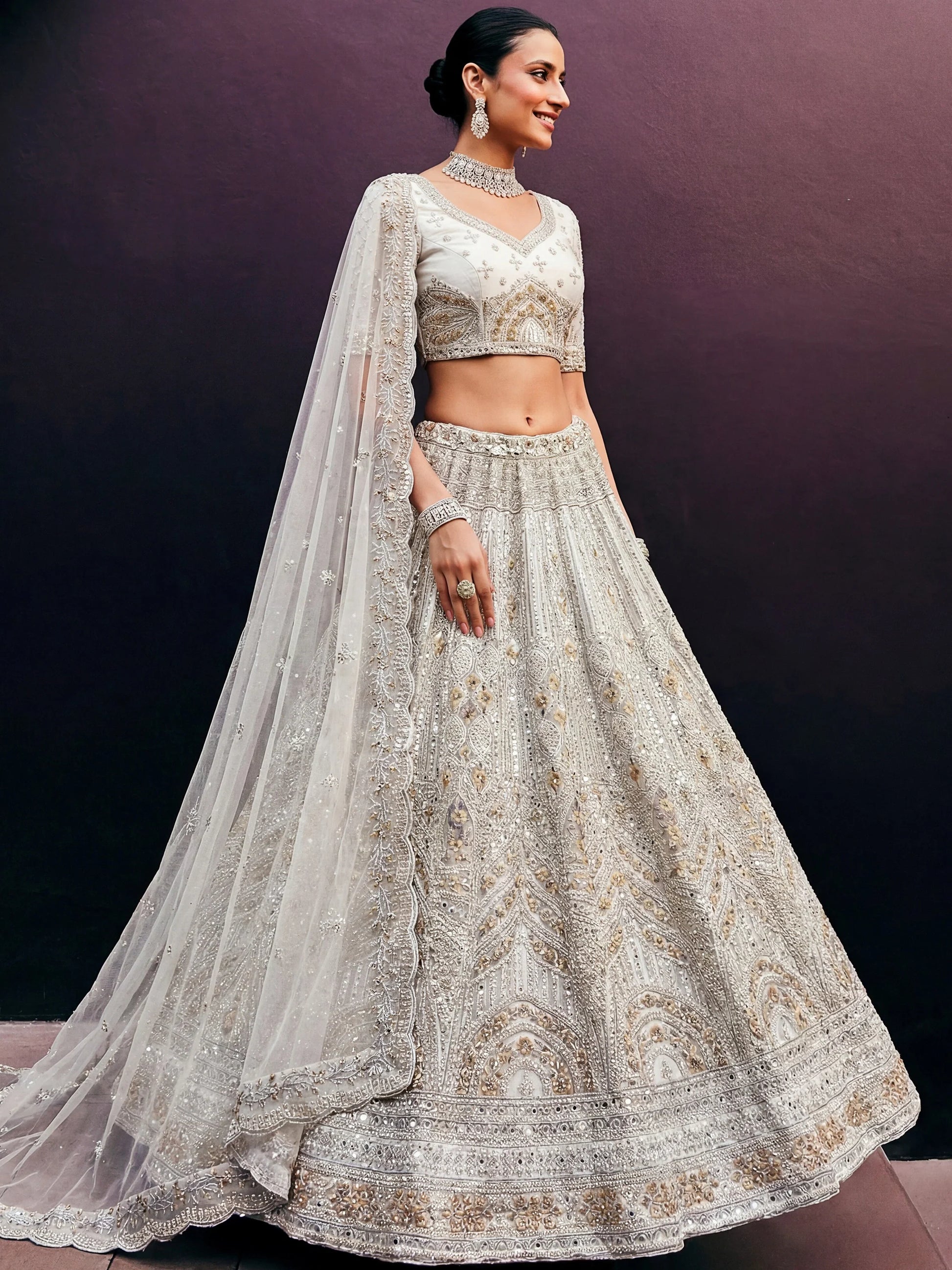 Exceptional Off-White Dori Embroidery Net Bridesmaid Lehenga Choli With Dupatta