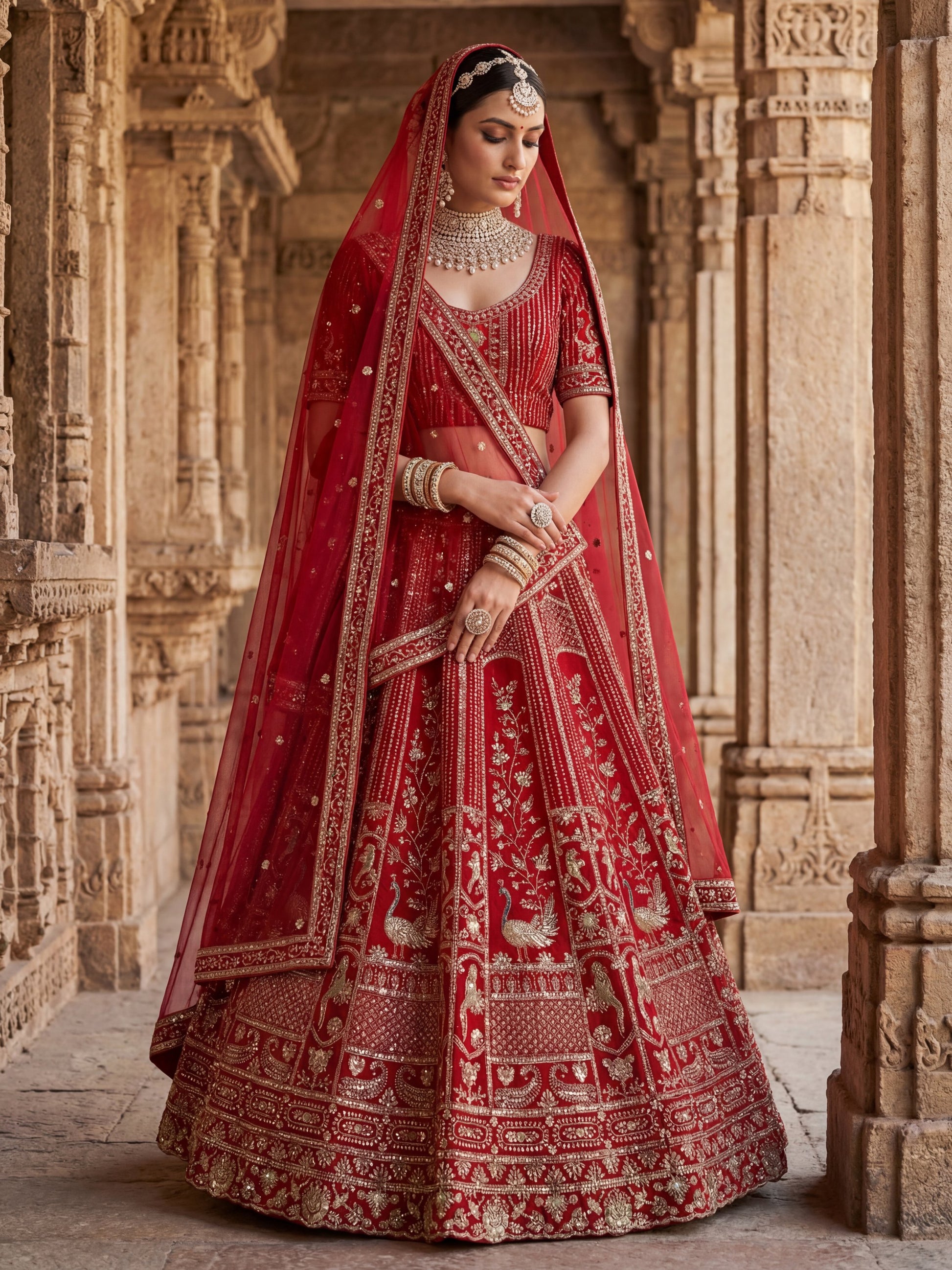 Royal Red Hand Embroidery Silk Bridal Lehenga Choli With Double Dupatta