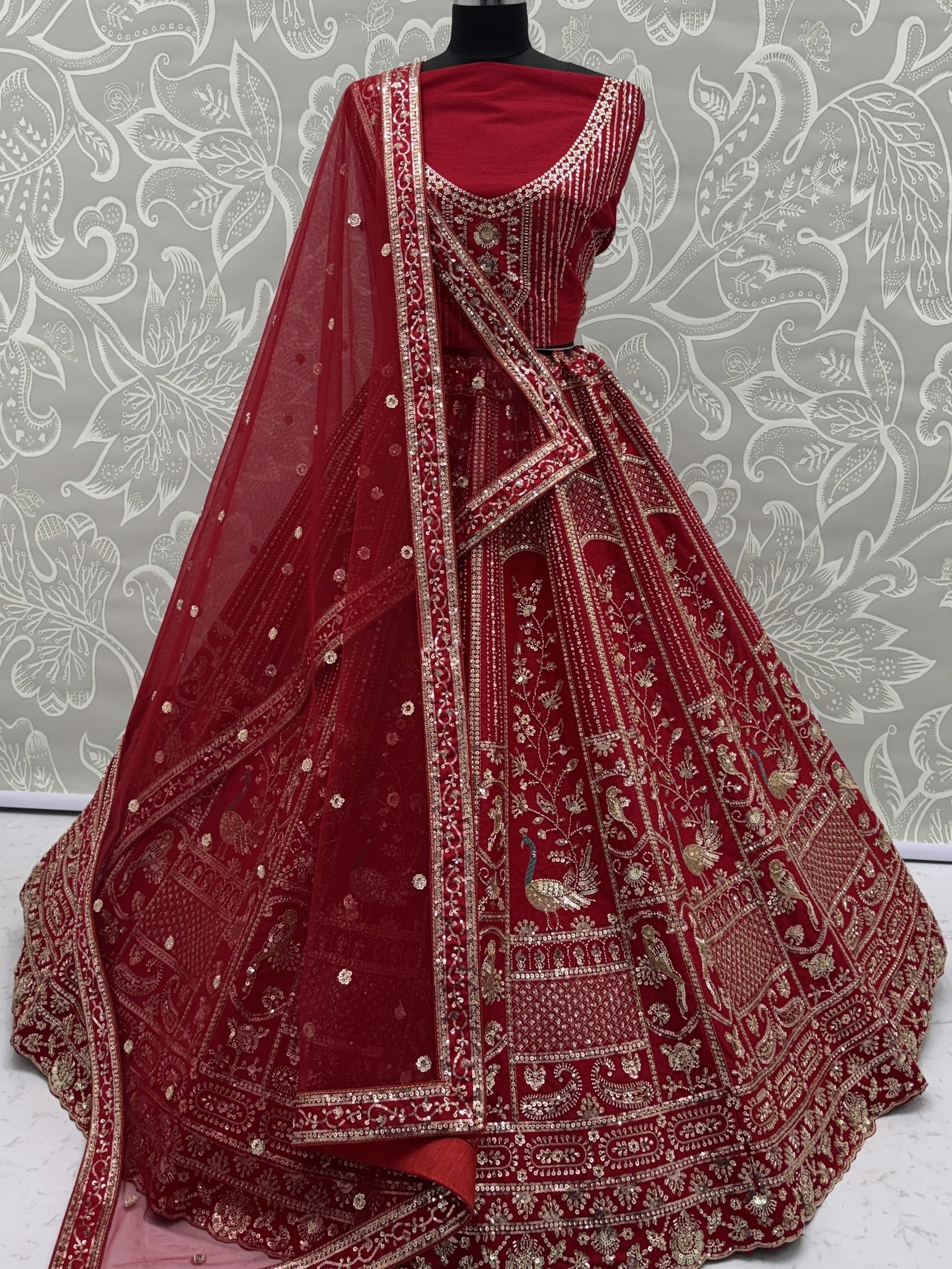 Royal Red Hand Embroidery Silk Bridal Lehenga Choli With Double Dupatta