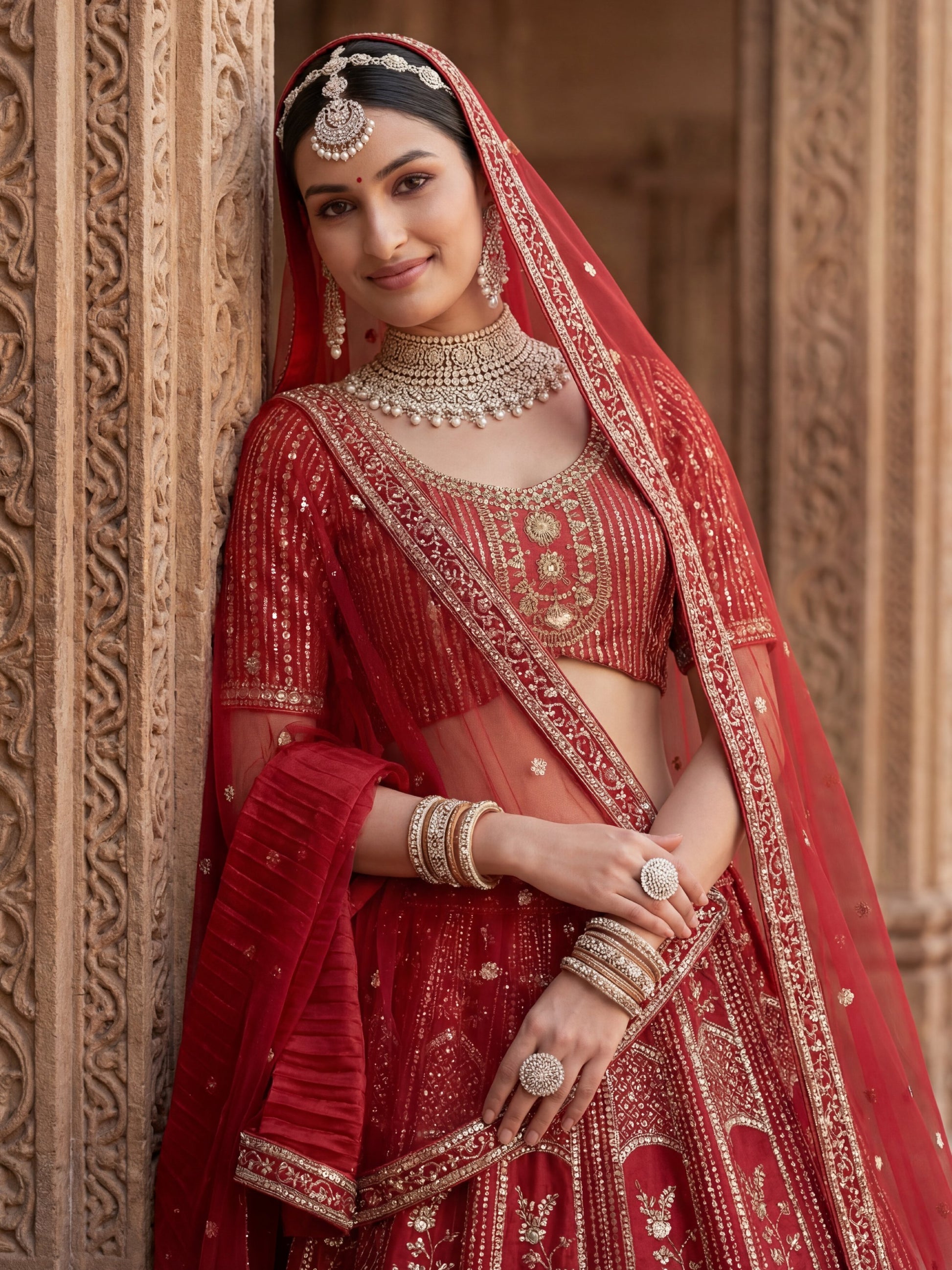 Royal Red Hand Embroidery Silk Bridal Lehenga Choli With Double Dupatta