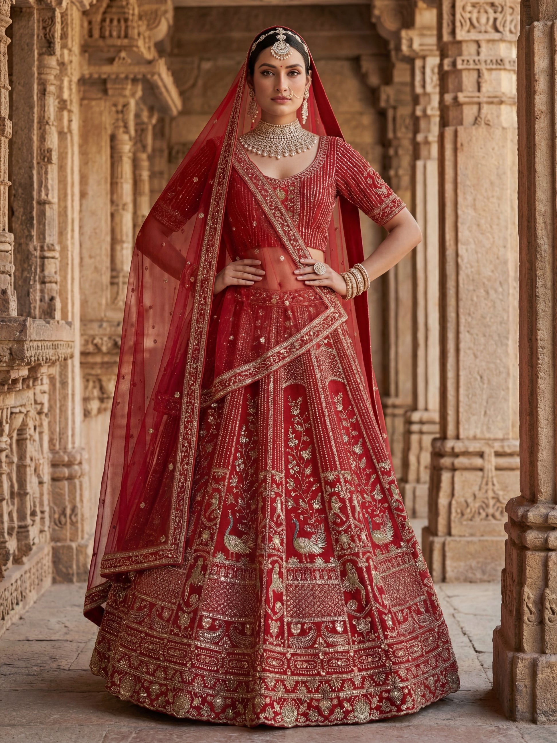 Royal Red Hand Embroidery Silk Bridal Lehenga Choli With Double Dupatta