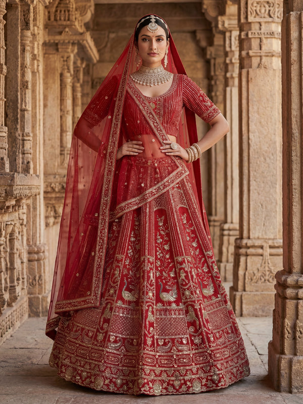 Royal Red Hand Embroidery Silk Bridal Lehenga Choli With Double Dupatta