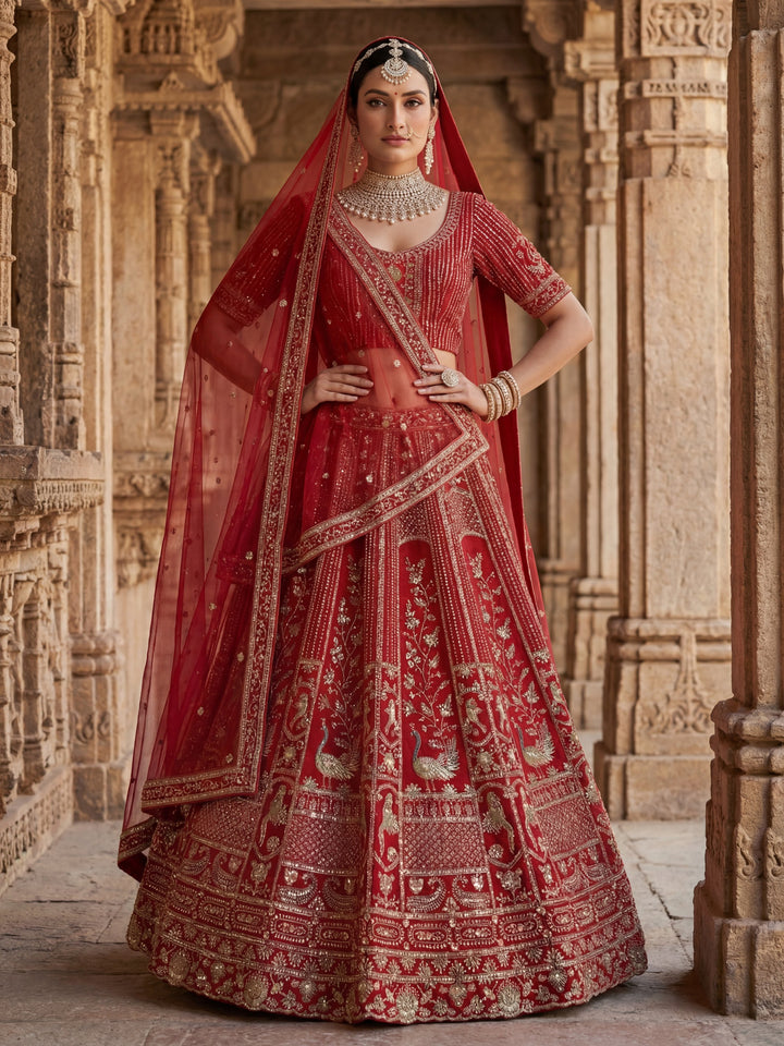 Royal Red Hand Embroidery Silk Bridal Lehenga Choli With Double Dupatta