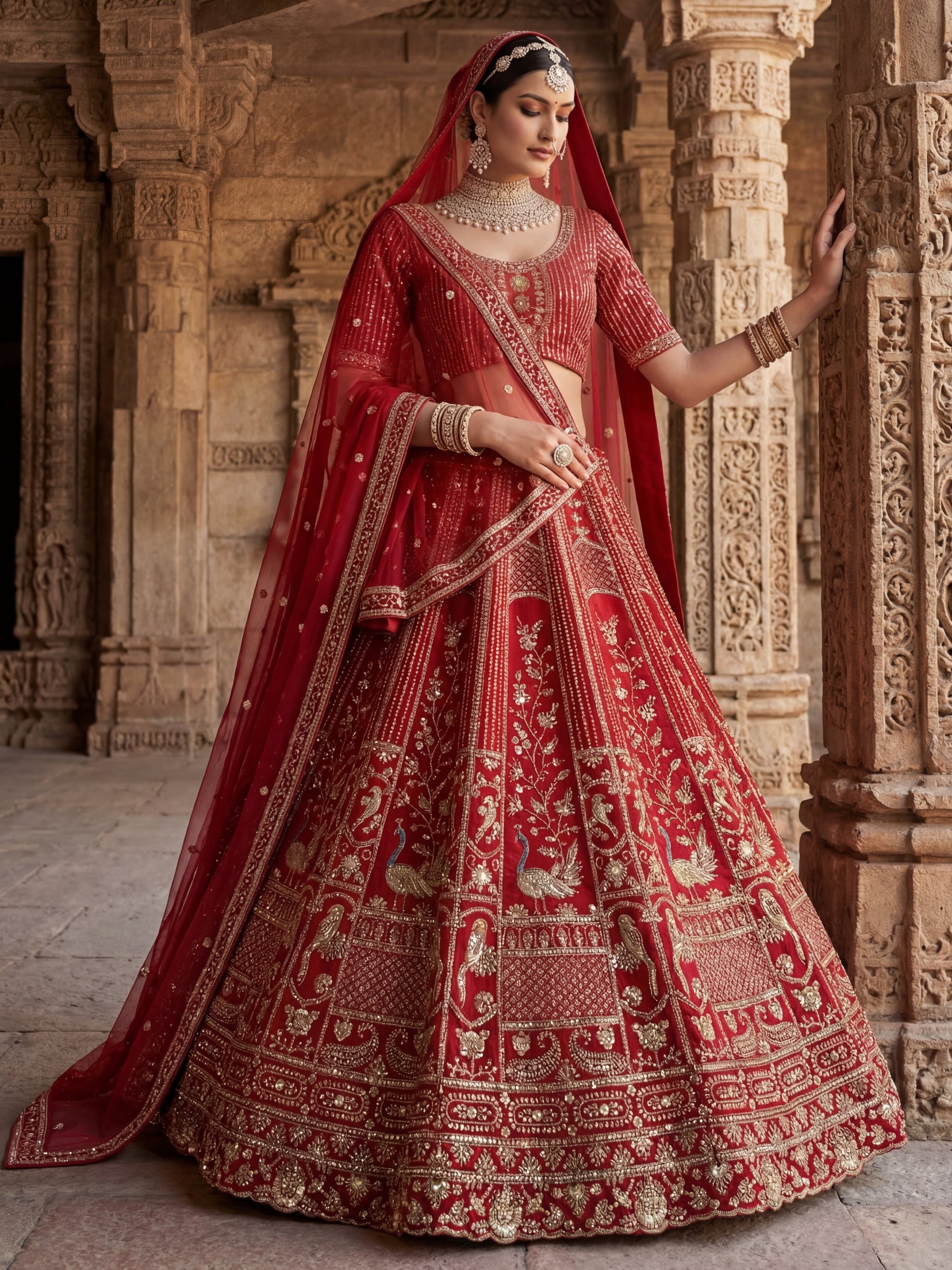 Royal Red Hand Embroidery Silk Bridal Lehenga Choli With Double Dupatta