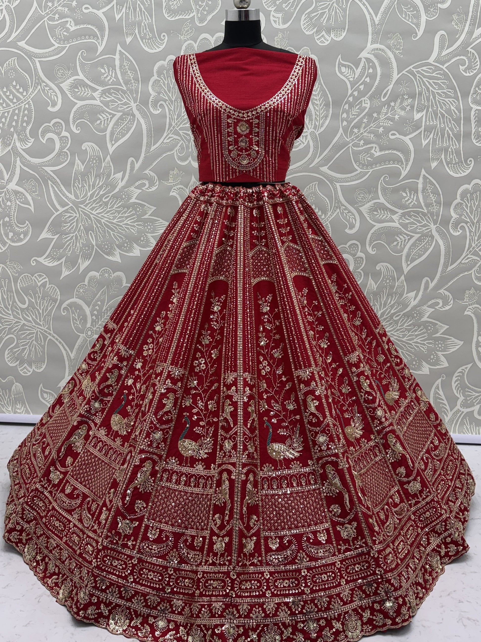 Royal Red Hand Embroidery Silk Bridal Lehenga Choli With Double Dupatta