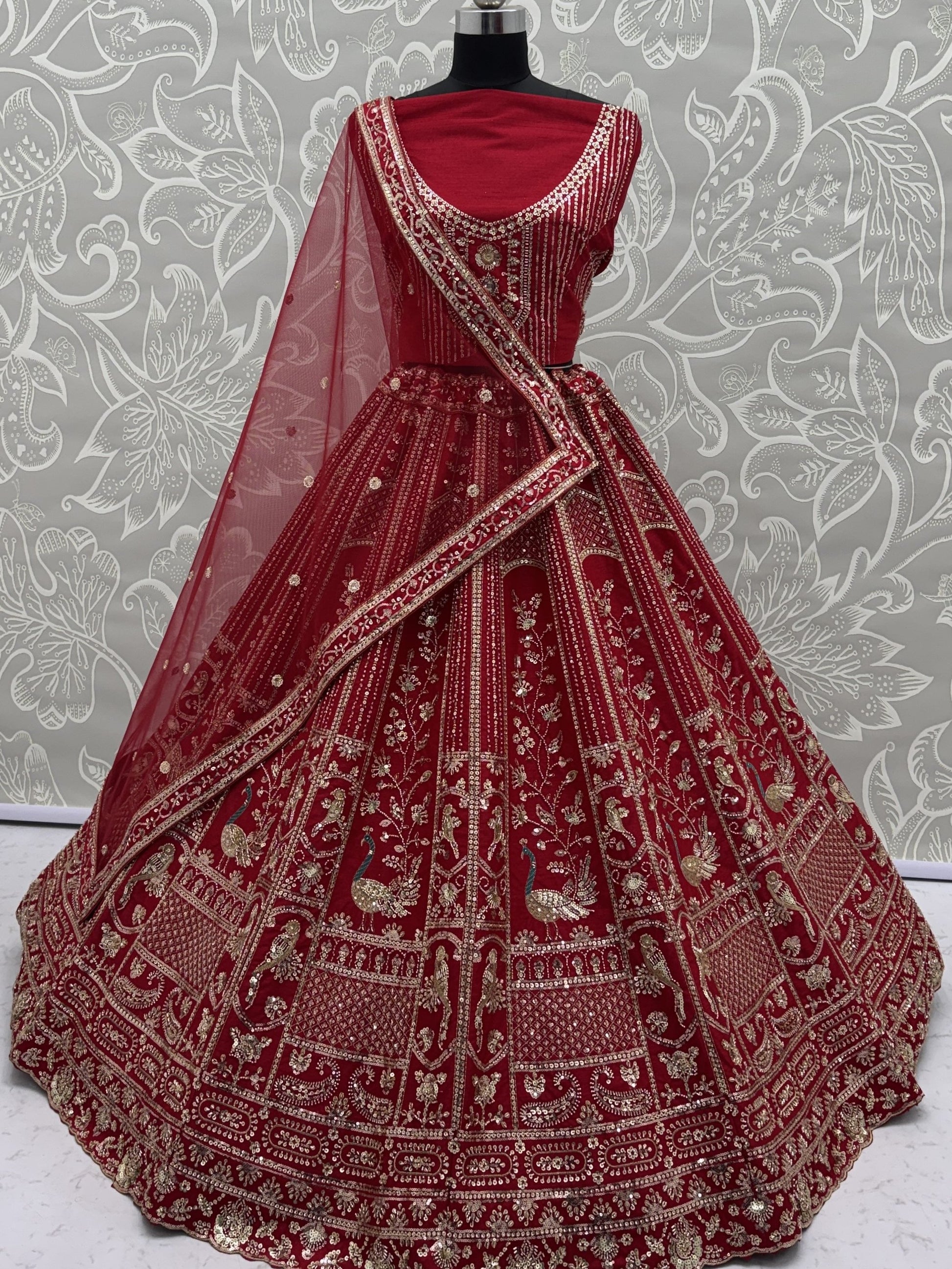 Royal Red Hand Embroidery Silk Bridal Lehenga Choli With Double Dupatta