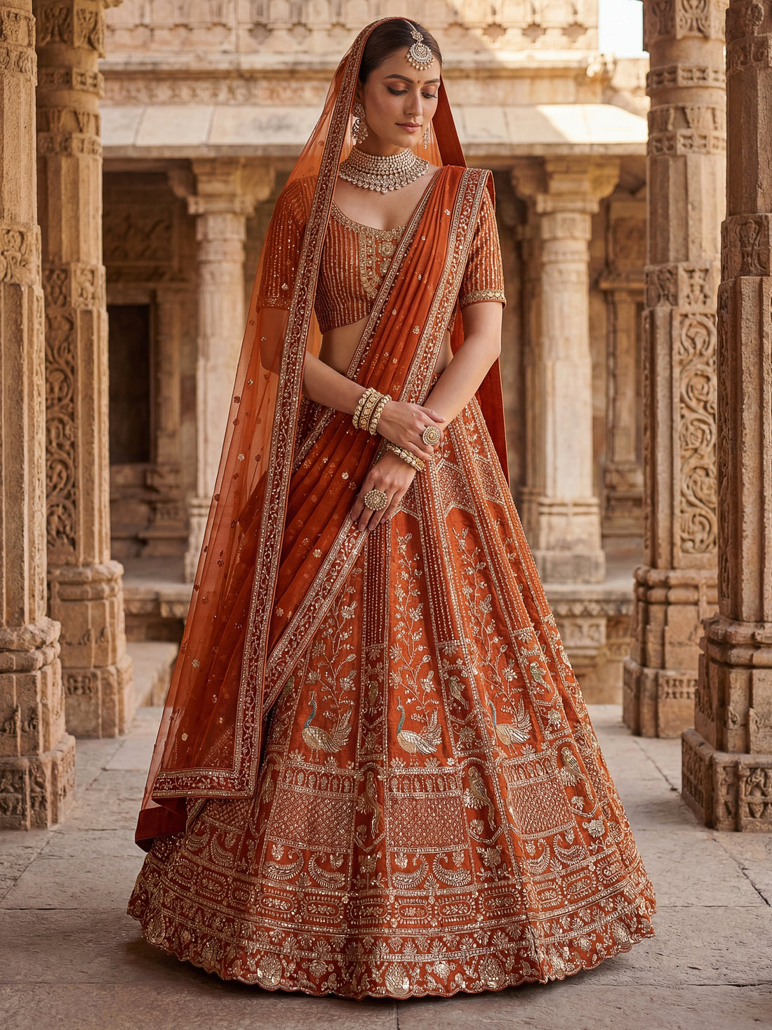 Classic Rust Orange Thread Embroidery Silk Bridal Lehenga Choli With Double Dupatta