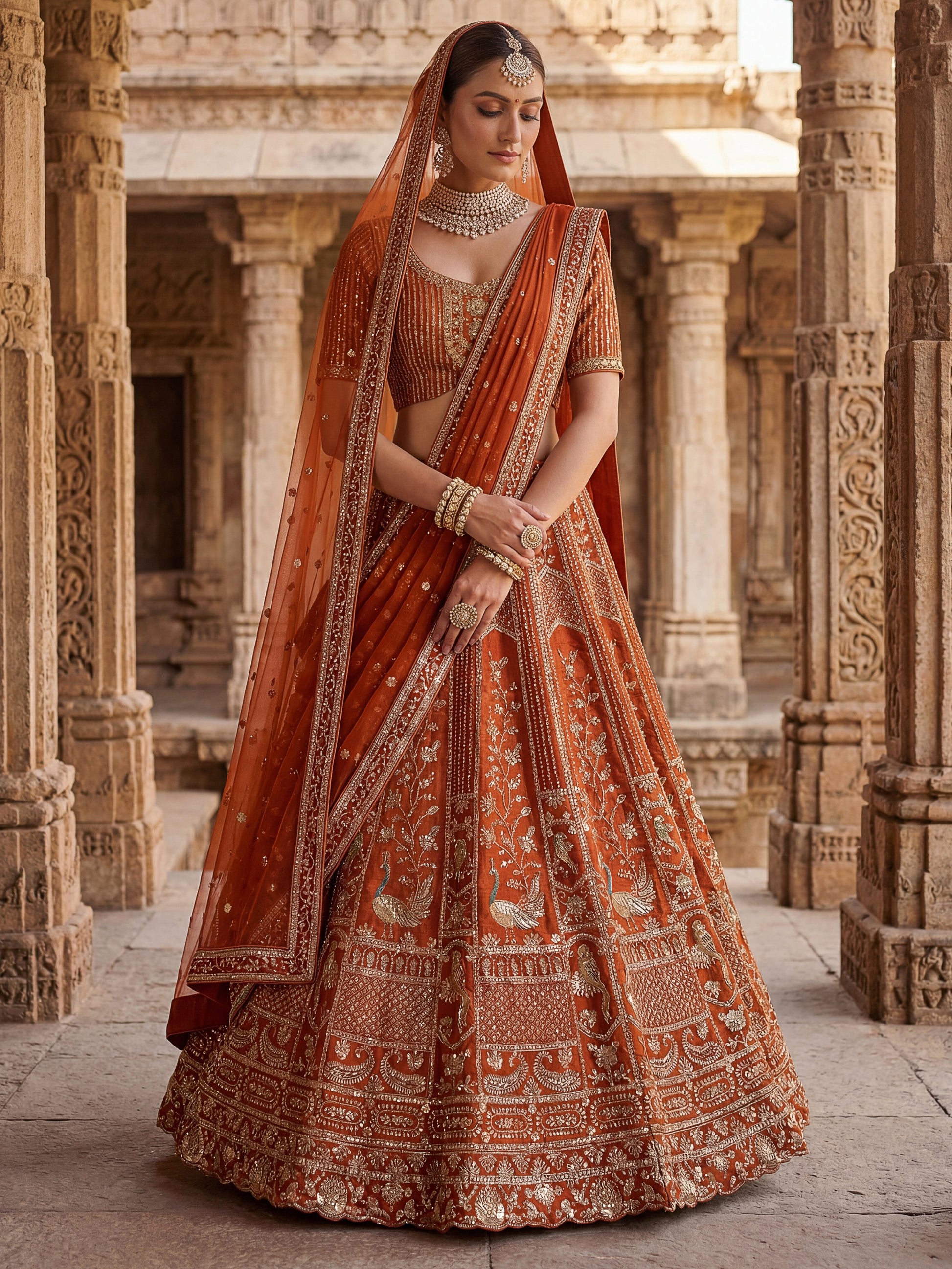 Classic Rust Orange Thread Embroidery Silk Bridal Lehenga Choli With Double Dupatta