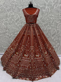 Classic Rust Orange Thread Embroidery Silk Bridal Lehenga Choli With Double Dupatta