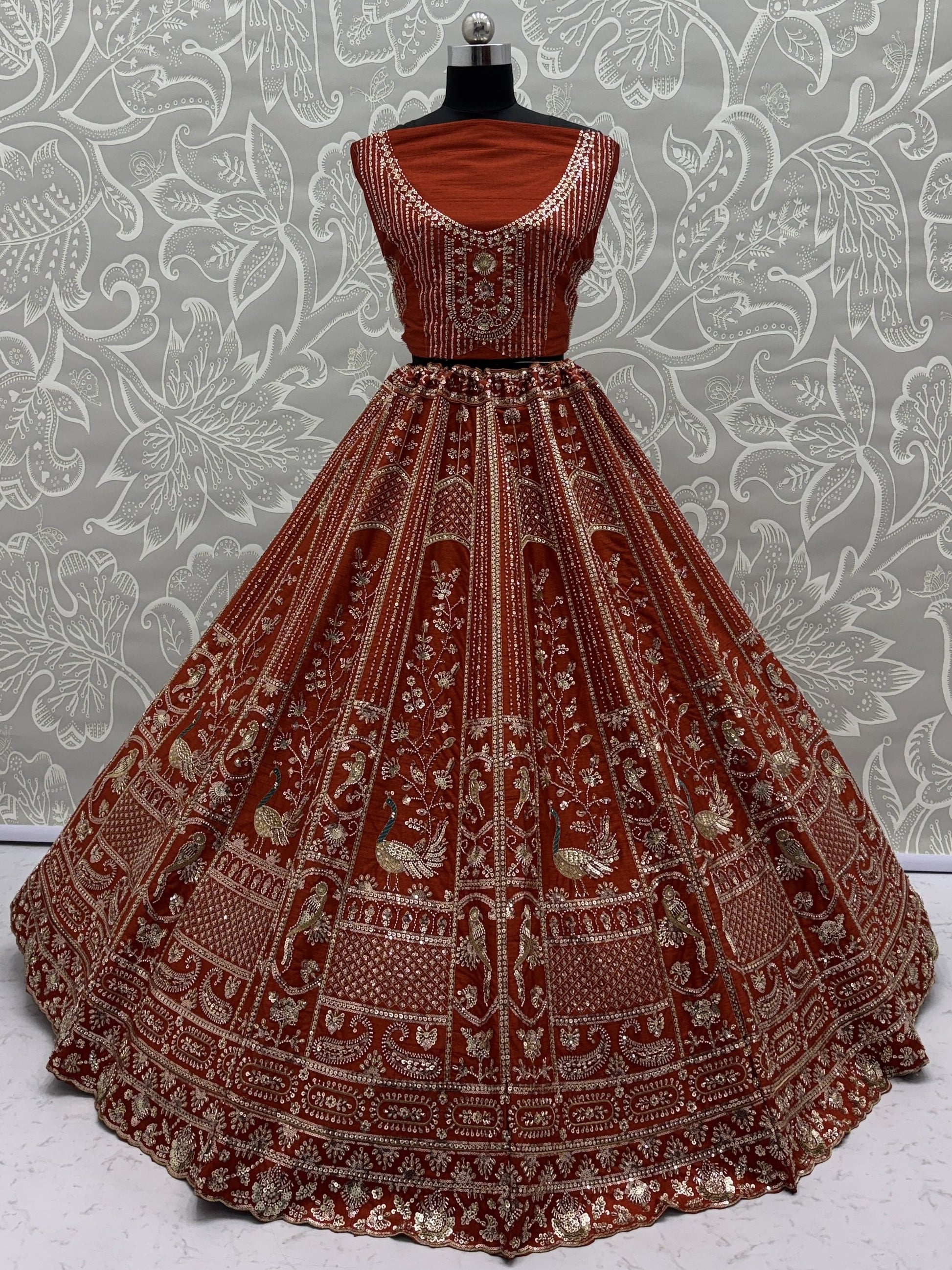 Classic Rust Orange Thread Embroidery Silk Bridal Lehenga Choli With Double Dupatta