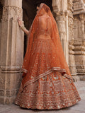 Classic Rust Orange Thread Embroidery Silk Bridal Lehenga Choli With Double Dupatta