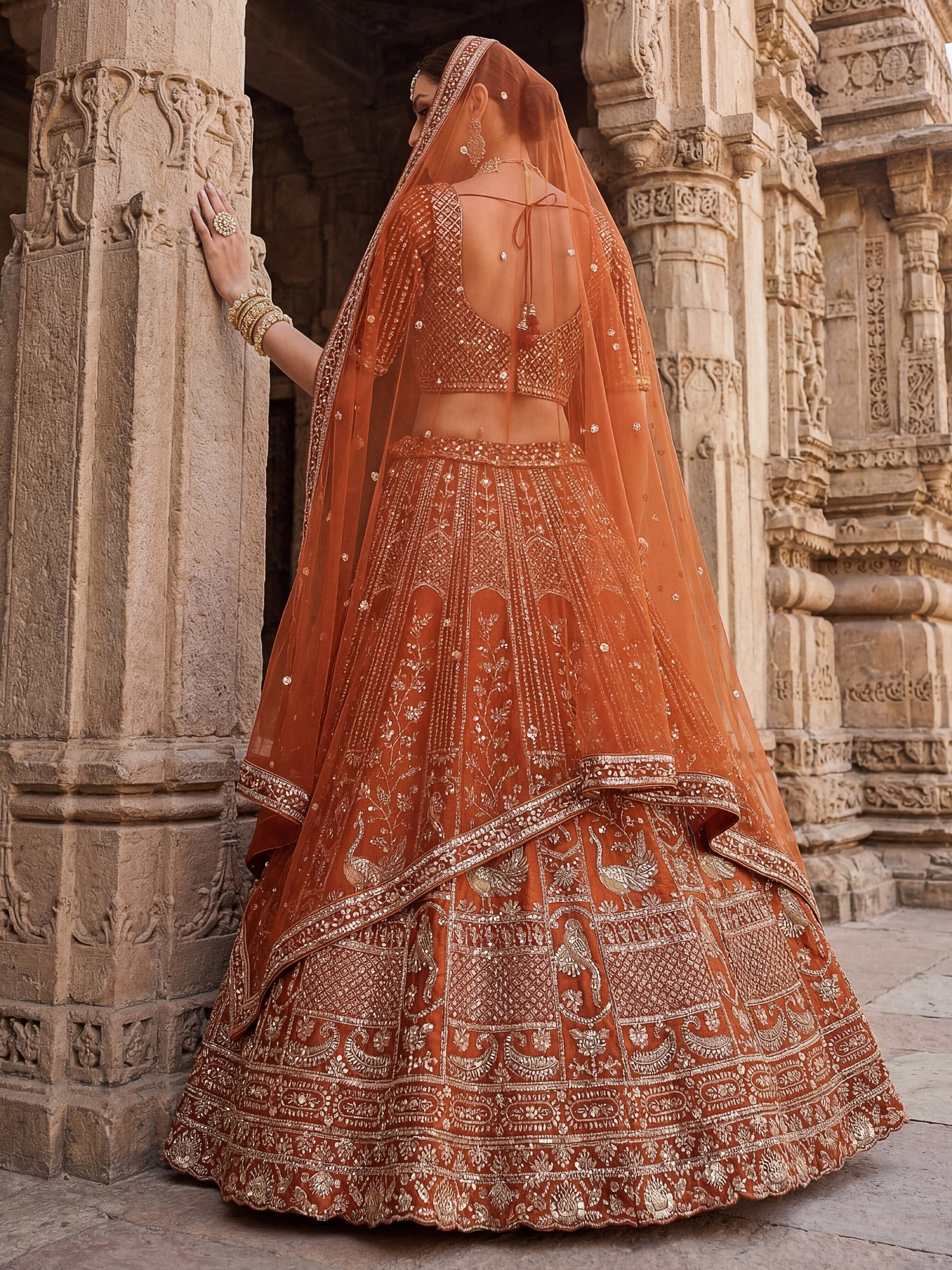 Classic Rust Orange Thread Embroidery Silk Bridal Lehenga Choli With Double Dupatta