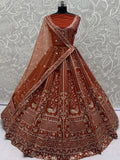 Classic Rust Orange Thread Embroidery Silk Bridal Lehenga Choli With Double Dupatta