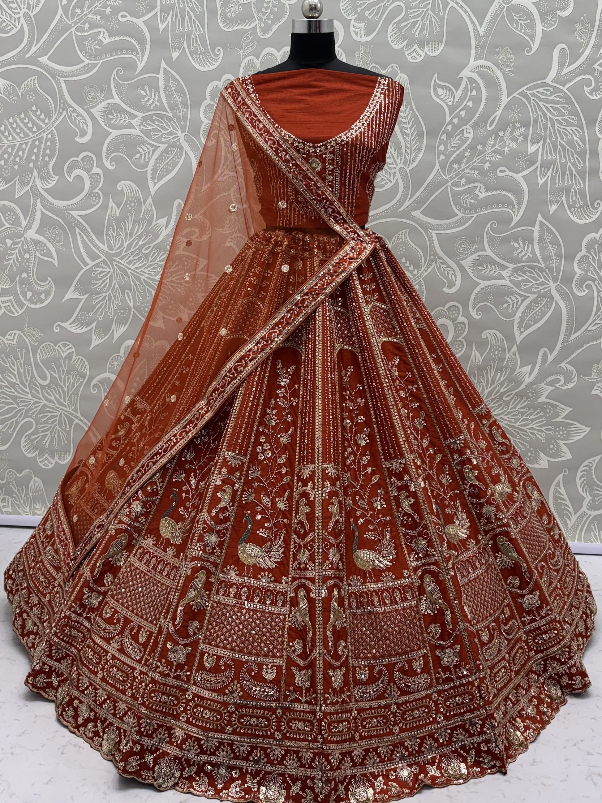 Classic Rust Orange Thread Embroidery Silk Bridal Lehenga Choli With Double Dupatta